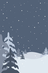 Winter Landscape Background with fir-trees and mountain. Vector stock illustration in flat design for Invitation, web banner, greetings card, social media