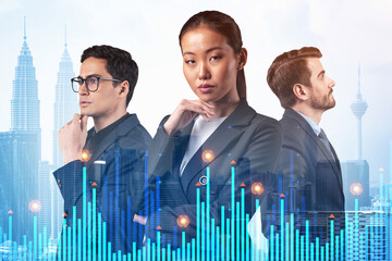 Group of business colleagues in suits as a part of multinational corporate team working on forecasting trading corporate strategy at fund. Forex chart. Kuala Lumpur on background. Double exposure