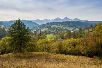 Fototapeta na wymiar Autumn landscape of land under the Tatra mountains. Belianske Tatry, Slovakia. Traveling concept background.