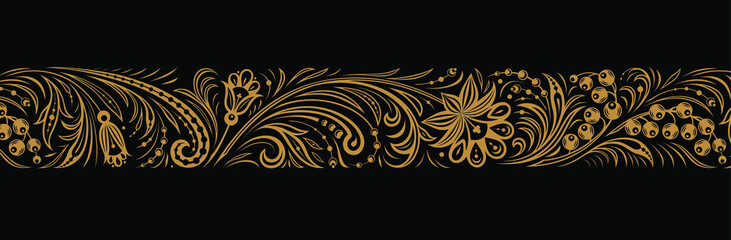 Russian traditional folk style of hohloma. Seamless border pattern. Golden  vintage ornate floral ornament on black background