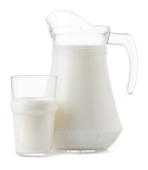 Glass jar and cup of fresh milk isolated