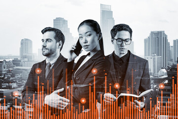 Group of business colleagues in suits as a part of multinational corporate team working on forecasting trading corporate strategy at fund. Forex chart. Bangkok on background. Double exposure