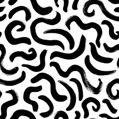 Curly lines vector hand drawn seamless pattern. Curved brush strokes background. Paint brushstrokes doodle drawing. Black wavy lines on white background. Abstract wrapping paper, monochrome design.