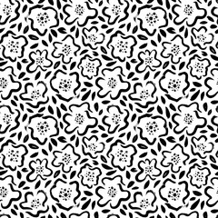 Seamless floral vector pattern with peonies, roses, anemones. Hand drawn black paint illustration with abstract floral motif. Graphic hand drawn brush stroke botanical pattern. Leaves and blooms.