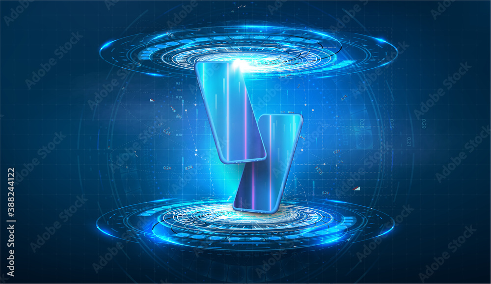 Poster a modern glass smartphone hangs in a futuristic portal, blue circles. futuristic style, hanging in t