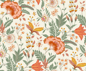 Fantasy flowers in retro, vintage, Jacobean embroidery style. Colored illustration. Isolated on cream background.