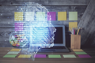 Double exposure of desktop computer and human brain drawing hologram. Ai concept.