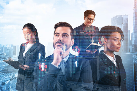 Group of SMM specialists working on social media marketing strategy to achieve business goals. Hologram icons over Singapore background.