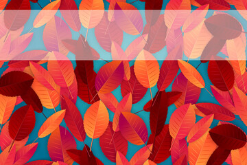 Fototapeta na wymiar Autumn illustration dsign with red and orange leaves over blue background with faded space for text. Vector illustration.