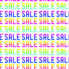 Seamless vector pixel sale signs pattern. Multicolor rainbow shopping background. 10 eps design. For advertising banner, web, wrapping, cover, fabric etc.