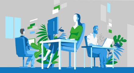 Obraz na płótnie Canvas Un grupo di operatori in ufficio alle proprie scrivanie gestiscono e inviano informazioni digitali.