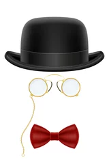 Foto op Canvas black retro bowler hat with glasses and bow tie vector illustration © kontur-vid