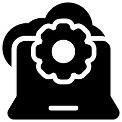 
A laptop screen under cloud with gear, cloud computing process flat icon
