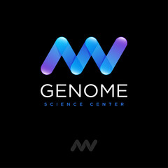 Genetics logo. DNA spiral  logo consist of glossy elements isolated on a dark background. Monochrome option.