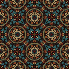 Creative color abstract geometric mandala pattern in brown gold green blue, vector seamless, can be used for printing onto fabric, interior, design, textile, pillow, carpet, tiles.