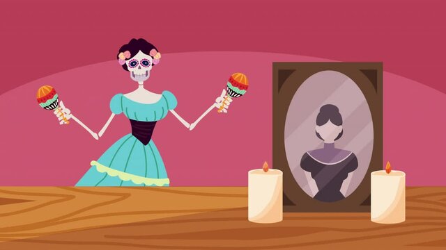 dia de los muertos animation with katrina skeleton