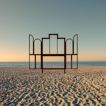 Artwork 'Altar' on the beach of Ostend in Belgium. This frame is modeled after the famous painting "Ghent Altarpiece" (Het Lam Gods). Taken on 23 September 2020.