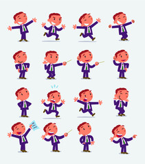 Cartoon character businessman in smart casual style. Set with different postures, attitudes and poses, doing different activities in isolated vector illustrations.