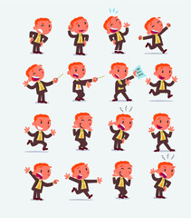 Cartoon character businessman in smart casual style. Set with different postures, attitudes and poses, doing different activities in isolated vector illustrations.