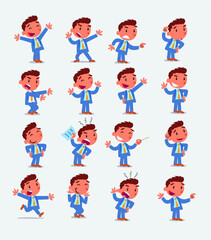 Cartoon character businessman in smart casual style. Set with different postures, attitudes and poses, doing different activities in isolated vector illustrations.