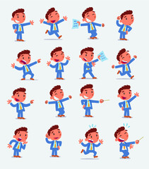 Cartoon character businessman in smart casual style. Set with different postures, attitudes and poses, doing different activities in isolated vector illustrations.