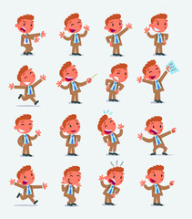 Cartoon character businessman in smart casual style. Set with different postures, attitudes and poses, doing different activities in isolated vector illustrations.