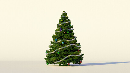Weihnachtsbaum mit Schmuck und Christbaumkugeln und Lametta