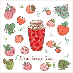Cute illustration with Strawberry jam. Graphic hand drawn, bright, frat style. Doodle background for packaging, menu cards, posters, prints.