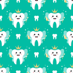 Cute cartoon style tooth fairy, tooth queen with toothpaste and brush vector seamless pattern background.
