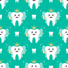 Obraz premium Cute cartoon style tooth fairy, tooth queen with toothpaste and brush vector seamless pattern background. 