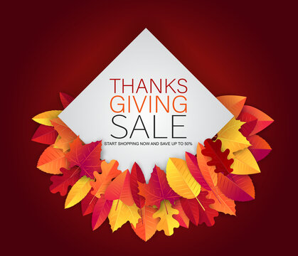 Thanksgiving sale banner design. Fall november traditional american holiday. Background with red and orange leaves. Vector illustration.