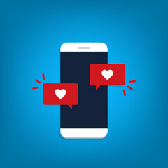 Vector illustration smartphone with heart emoji speech bubble get message on screen. Social network and mobile device concept. Flat design for print, websites, web banner.