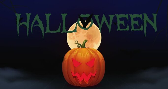 4k Animation of Halloween Background with Pumpkin and flying Bats. Scary Halloween Night of Horror, Dark Blue Night, Horror scene, Halloween decoration. Full Moon.