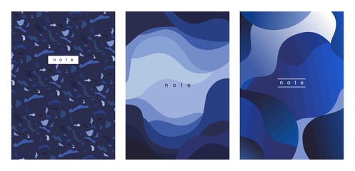 Vector set of stylish simple Notepad cover designs with blue color abstract cut out shapes. Universal trend templates for brochures, catalogs, certificates. Posters with smooth lines of landscapes. 