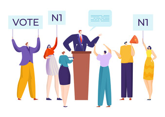 Candidate speech campaign meeting with people, vector illustration. Speaker election to goverment, president. Political democracy vote, politician public debate and leader character audience.