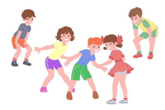Happy children playing sports games. The boys and the girls are doing physical exercises. Children play catch-up. Active healthy childhood. Set of flat vector illustration isolated on white background