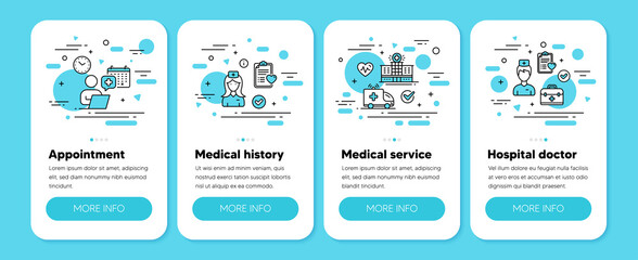 Medical appointment, patient history, healthcare service line icons. Clinic nurse, Medical history, Doctor appointment. Healthcare medicine. Mobile phone app 4 steps. Editable stroke. Vector icons