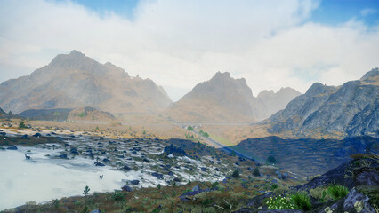 3D render - Mountain in Winter Snow Rocky Peaks Clouds in Winter, Mountain peak scene.