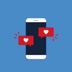 Fototapeta premium Vector illustration smartphone with heart emoji speech bubble get message on screen. Social network and mobile device concept. Flat design for print, websites, web banner.