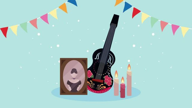 dia de los muertos animation with guitar and picture and garlands