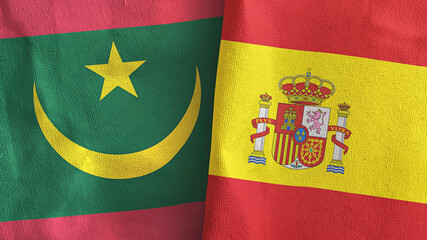 Fototapeta premium Spain and Mauritania two flags textile cloth 3D rendering