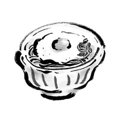 とろろ蕎麦の和風手描き筆描きイラスト　白黒、 モノクロ、 単色