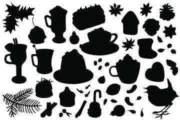 Hand drawn black silhouettes vector set of Merry Christmas decor. Stock illustration of Happy New Year elements.
