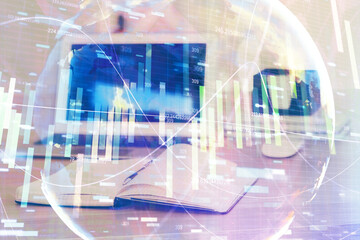 Multi exposure of business theme icons and work space with computer background. Concept of success.