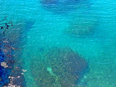 Spectacular turquoise aquamarine sunshine watercolor of crystal clear ripples tranquil glittering Mediterranean sea with sunny sparkles in wonderful relaxing dream paradise summertime, zen background.