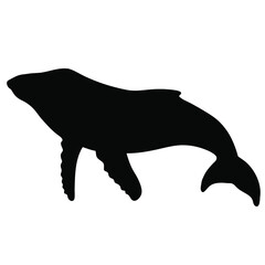 Hand drawn black vector silhouette of humpback whale. Stock illustration of sea animal.