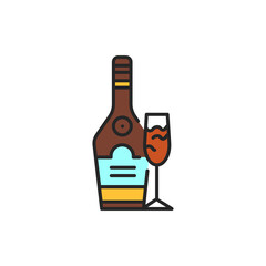 Liquor bottle and glass color line icon. Alcoholic beverages.