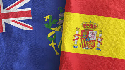 Spain and Pitcairn Islands two flags textile cloth 3D rendering