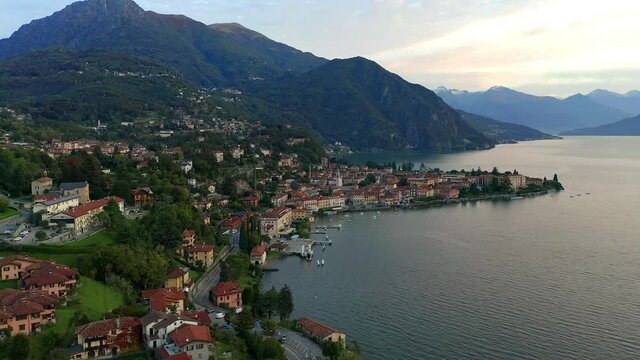 Aerial view, Flight at Menaggio in the morning, Lake Como, Province of Como, Lombardy, Italy