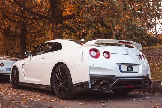 Vallines, Cantabria, Spain - October 23, 2020: White Nissan GT-R Parked During An Exhibition Of Super Sports Vehicles Organized In Cantabria. Nissan GT-R 